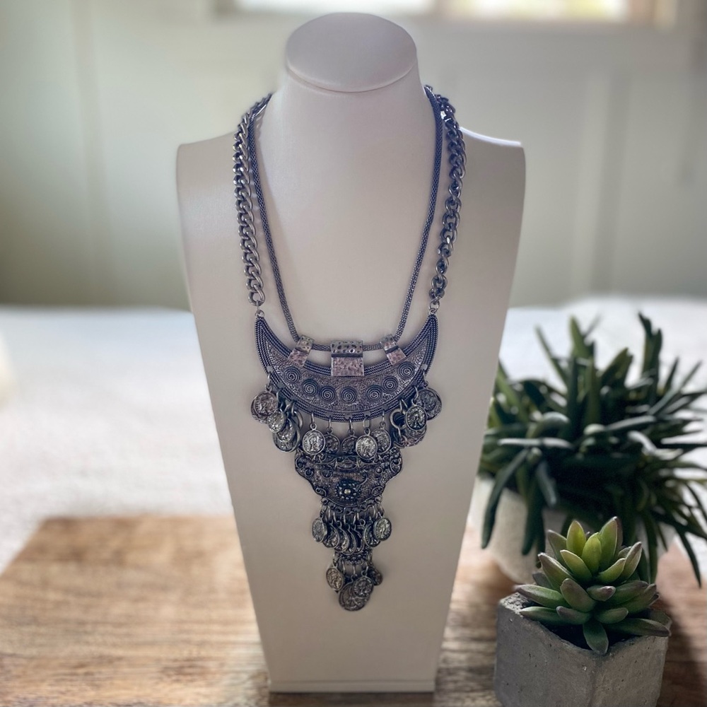 Large Metal Chain & Coin Tribal Design Bib Statement Necklace